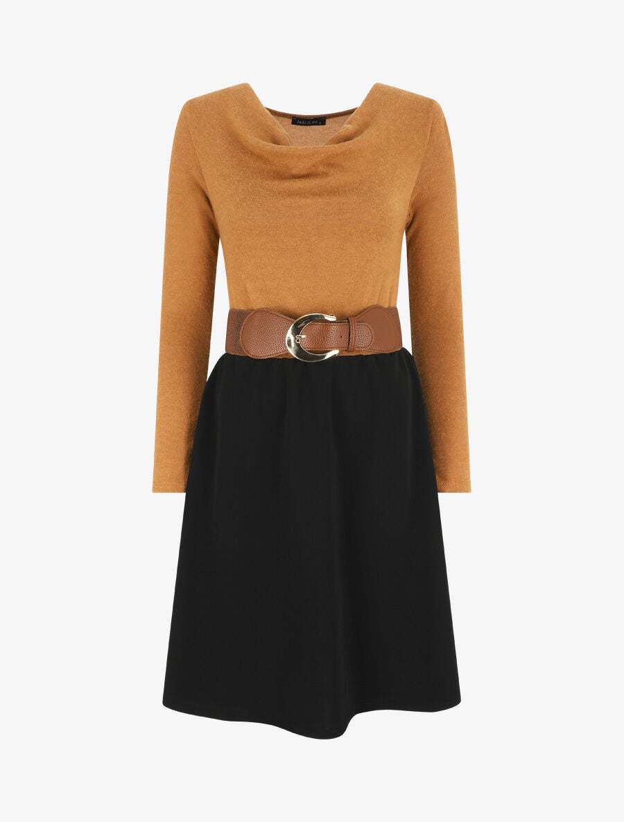 Robe courte évasée col bénitier et manches longues - Camel - 6