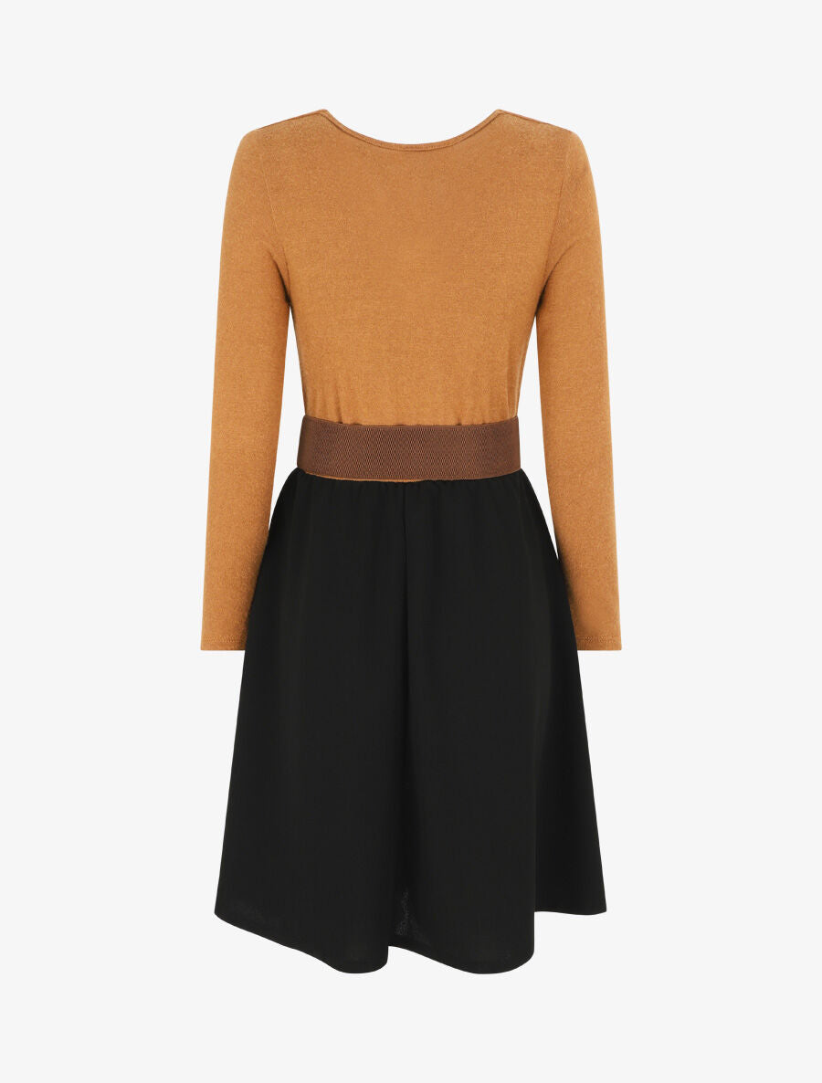 Robe courte évasée col bénitier et manches longues - Camel - 2