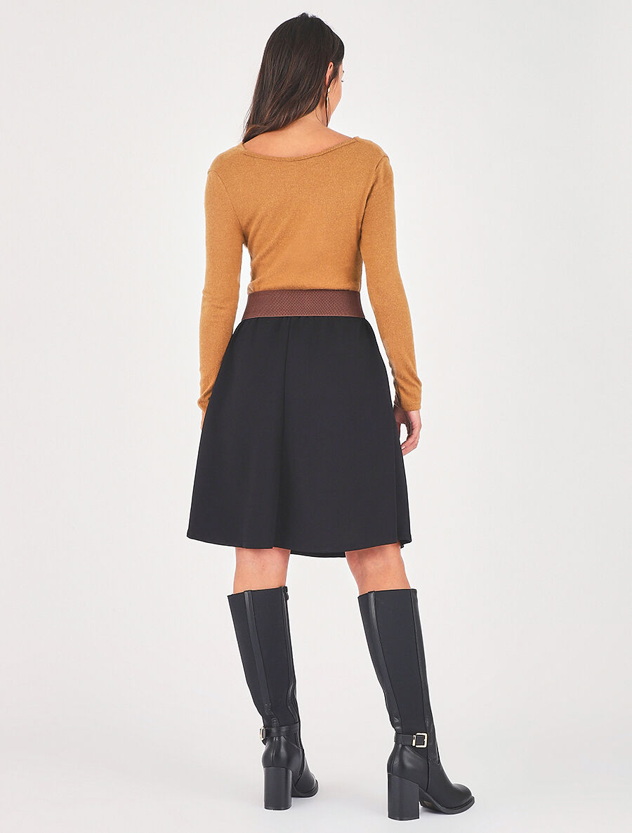 Robe courte évasée col bénitier et manches longues - Camel - 5