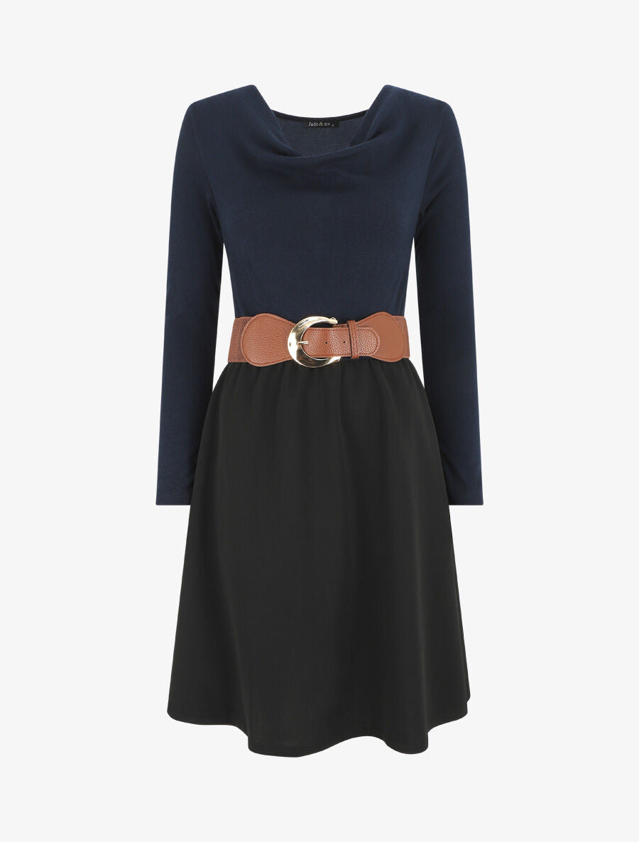 Robe courte évasée col bénitier et manches longues - Marine - 6