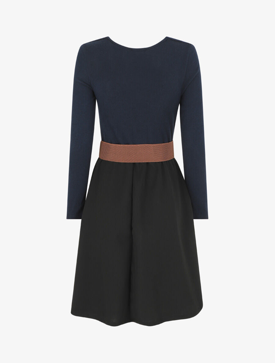 Robe courte évasée col bénitier et manches longues - Marine - 2