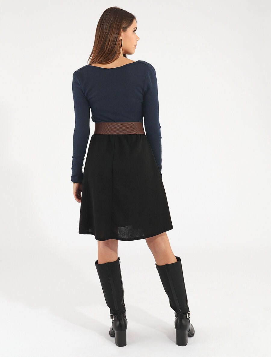 Robe courte évasée col bénitier et manches longues - Marine - 5