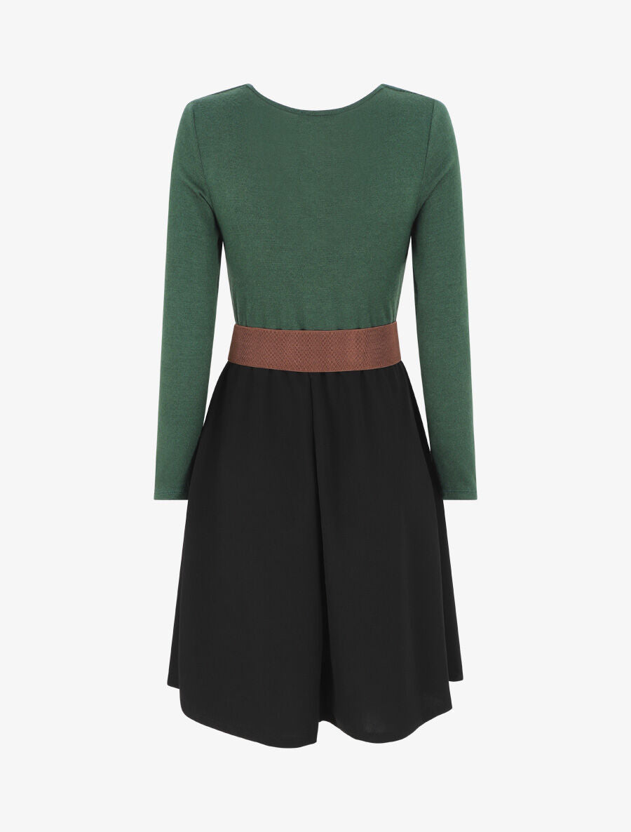 Robe courte évasée col bénitier et manches longues - Vert - 2