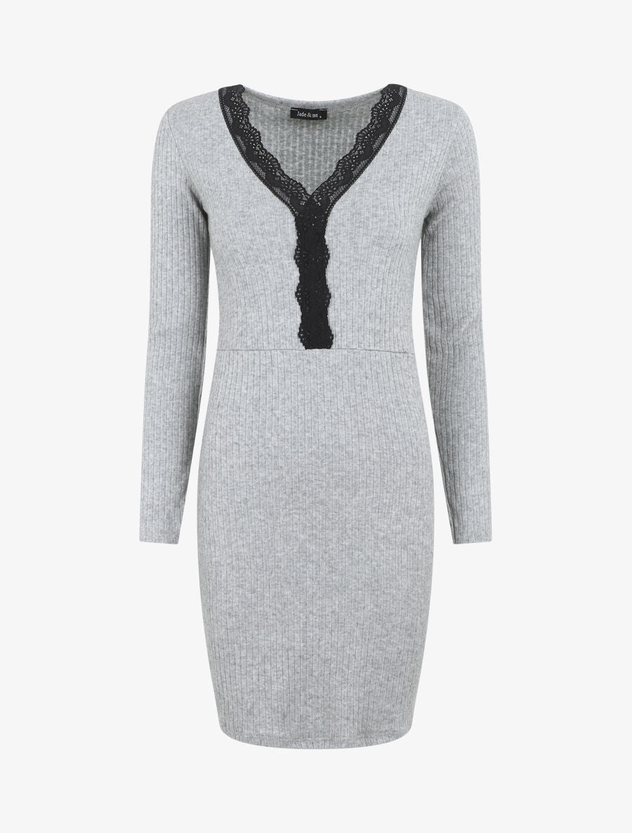 Robe pull droite col V en dentelle - Gris - 7