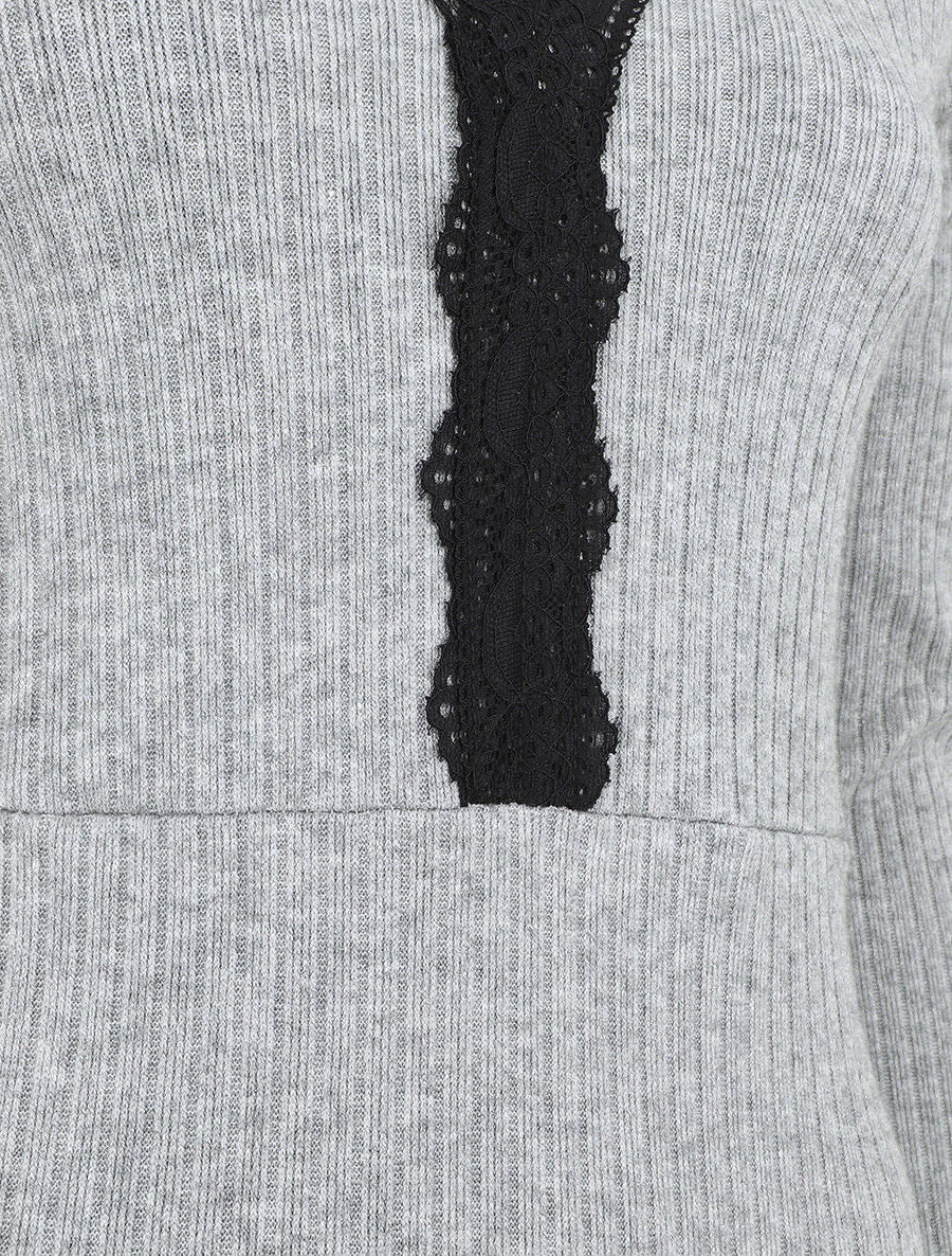 Robe pull droite col V en dentelle - Gris - 3