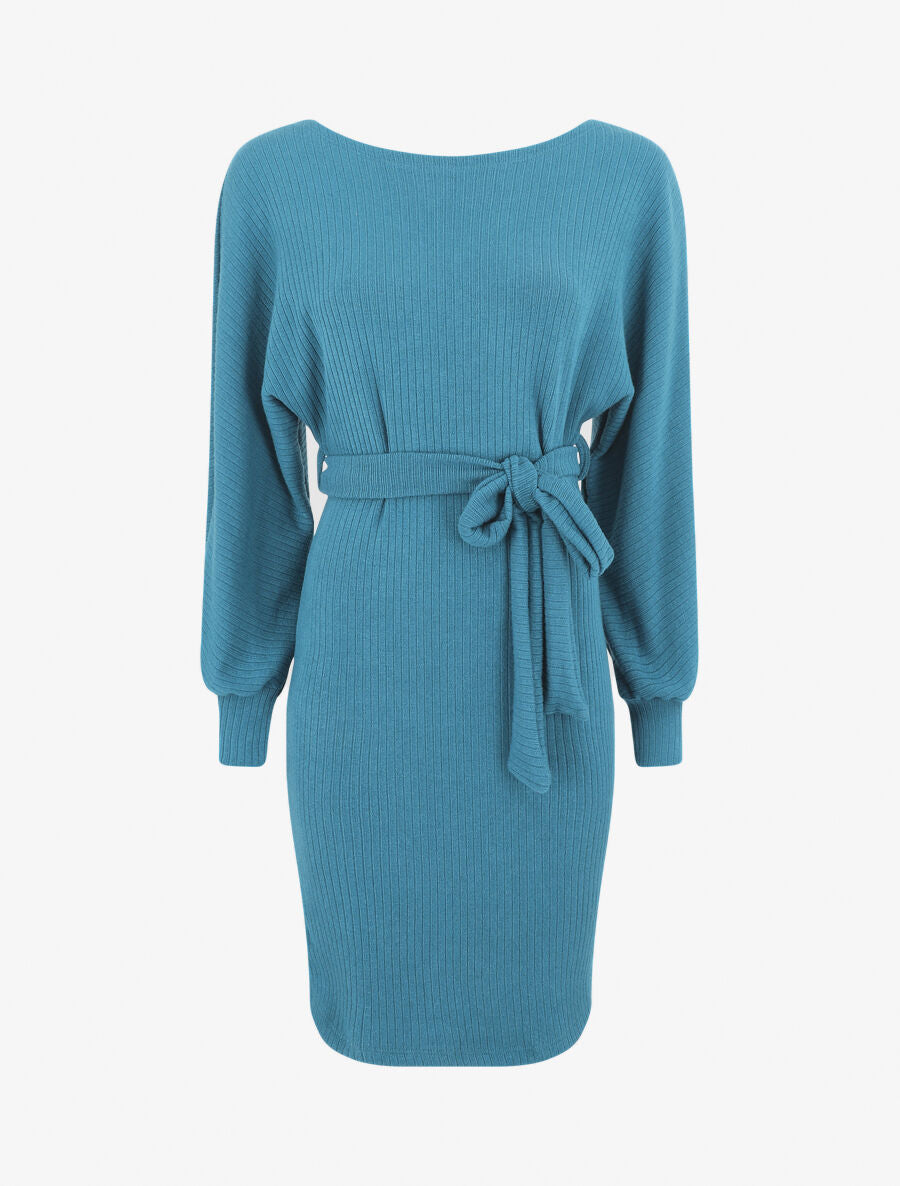 Robe pull ajustée dos en V dentelle - Bleu canard - 1