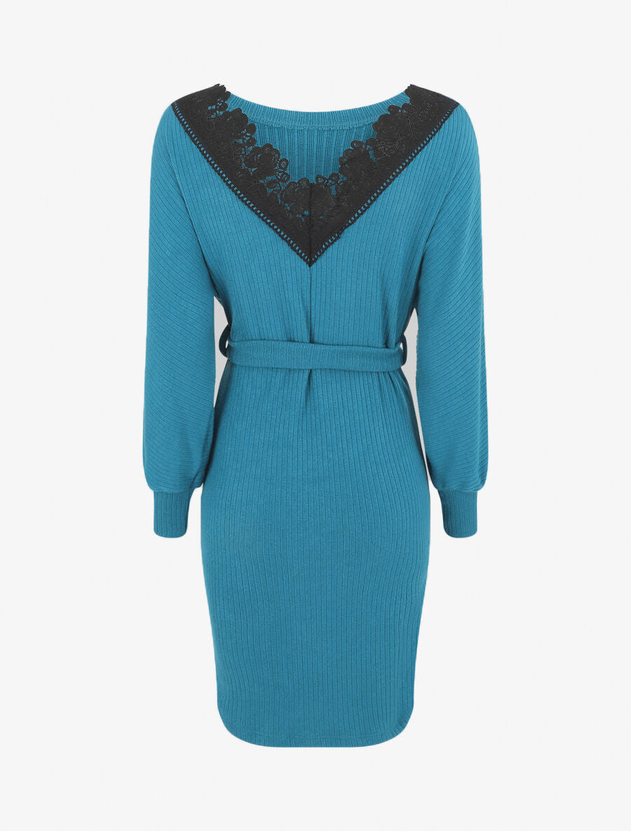 Robe pull ajustée dos en V dentelle - Bleu canard - 2