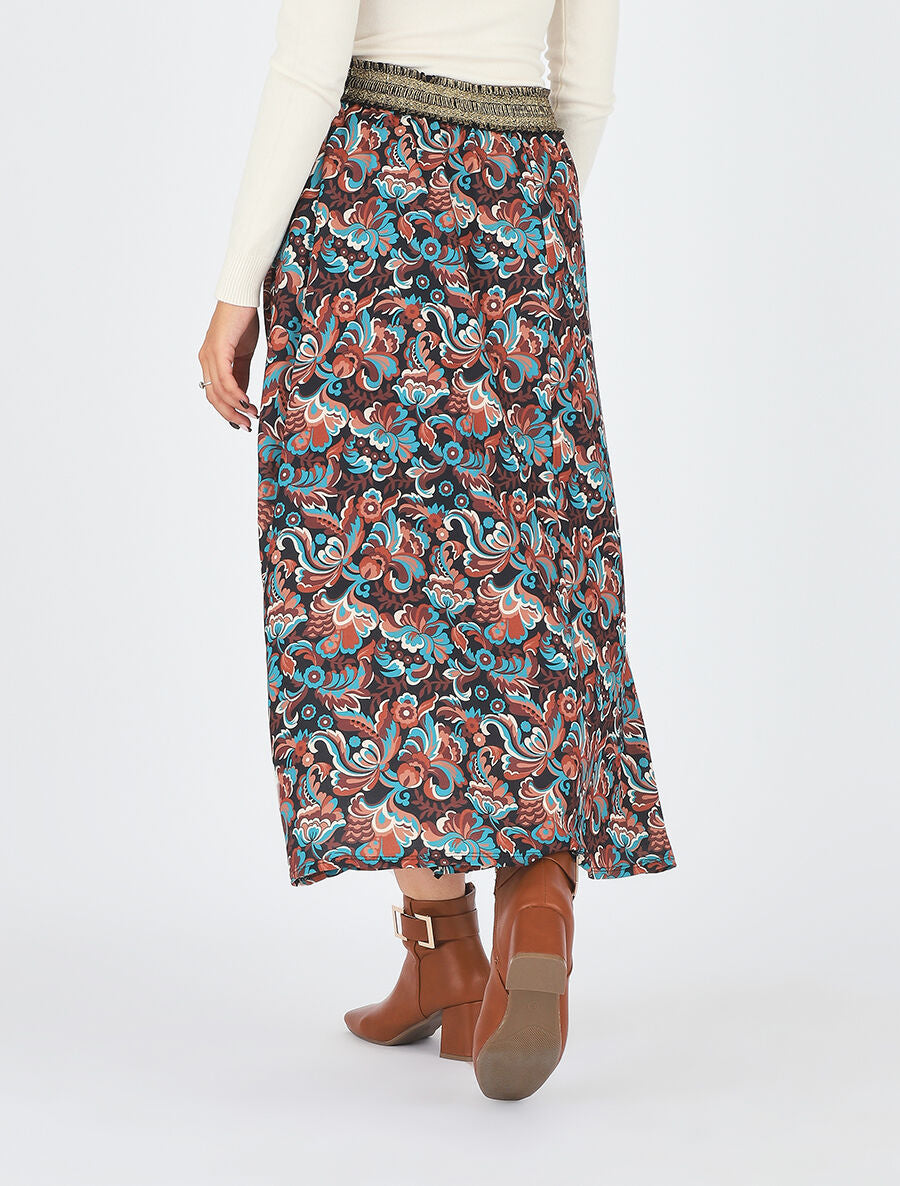 Jupe longue imprimé floral taille haute irisée - Noir - 5