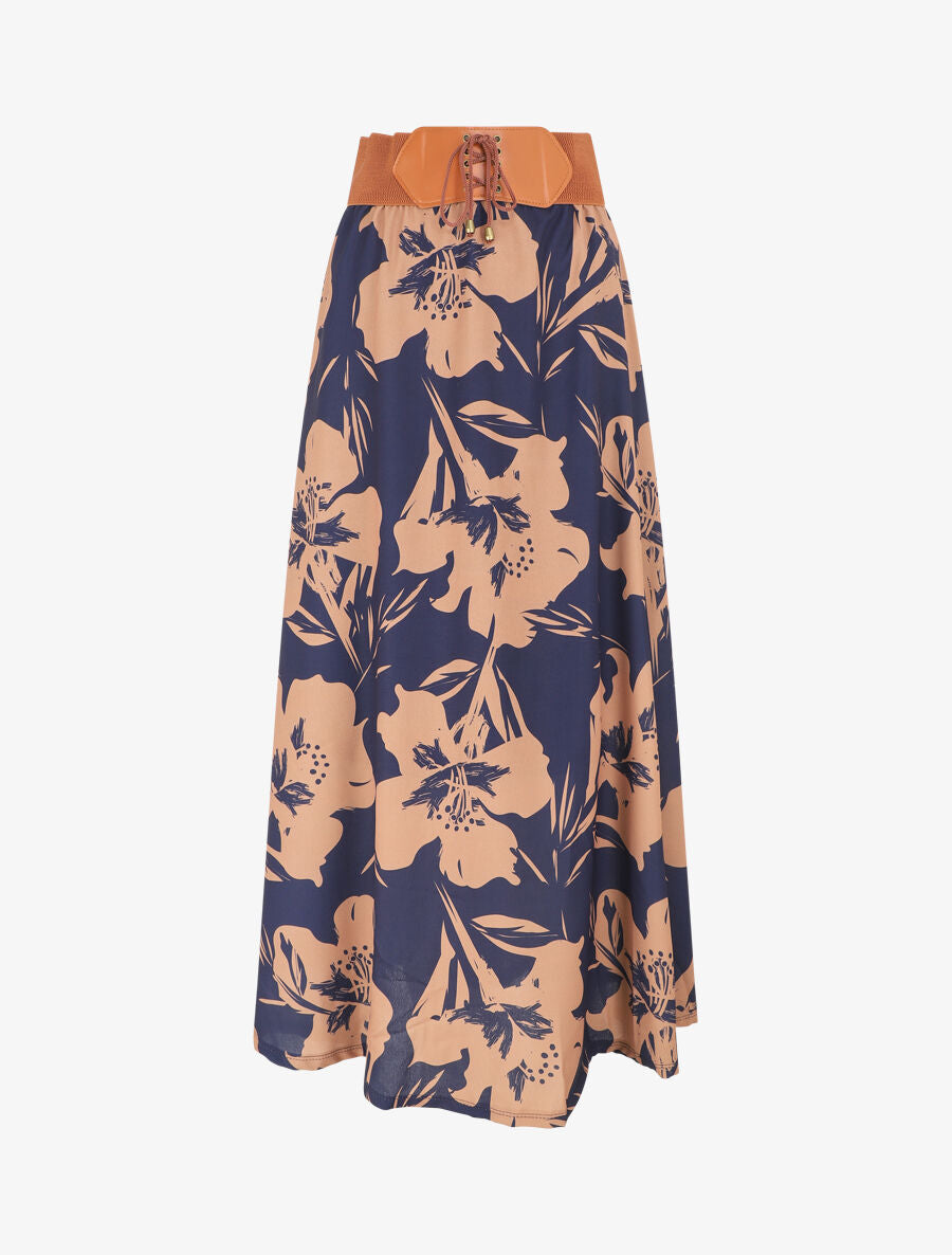 Jupe longue à taille haute imprimé floral - Marine - 1