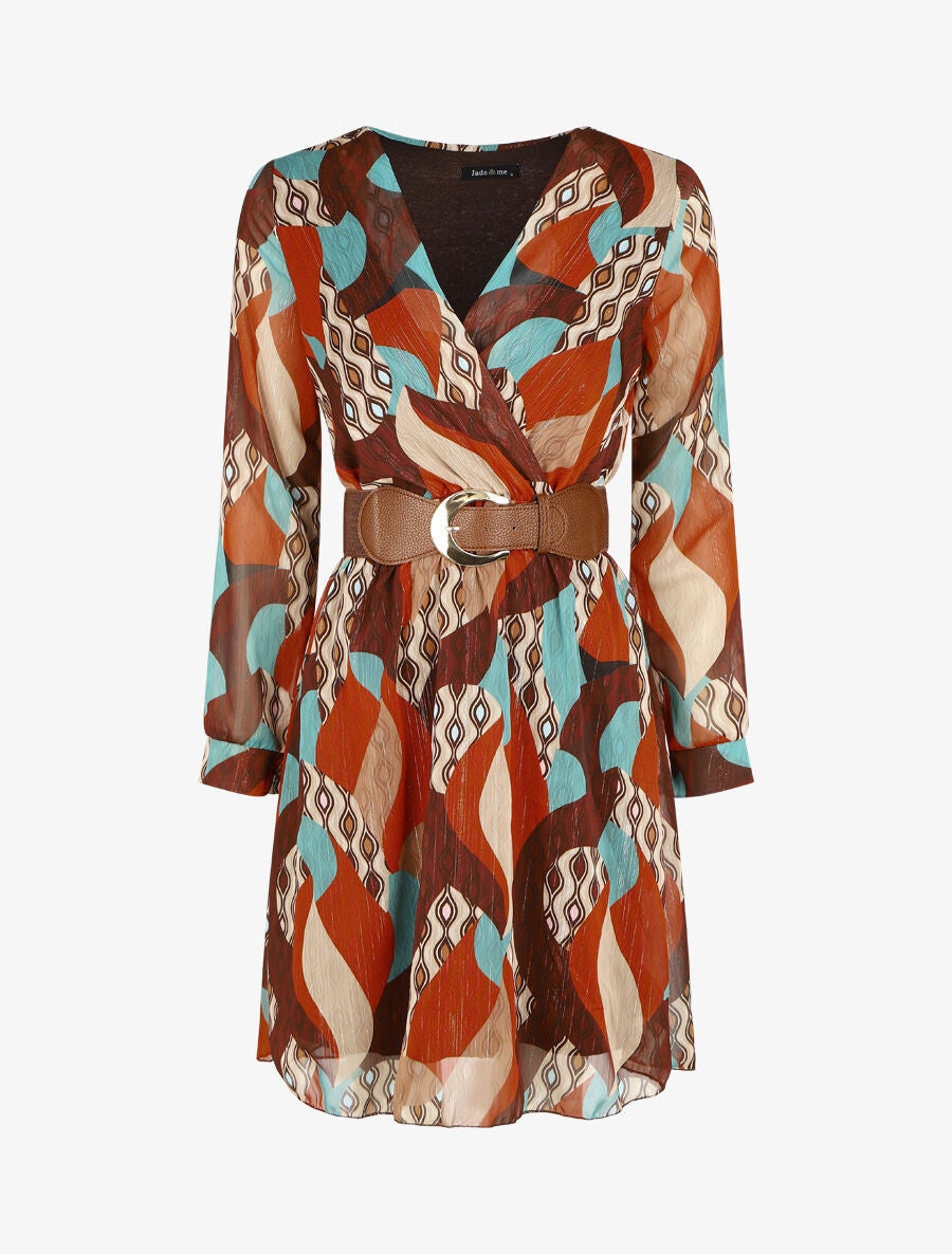 Robe élastiquée à imprimé graphique - Camel - 1