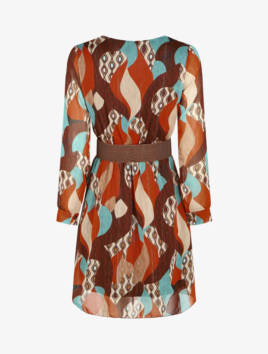 Robe élastiquée à imprimé graphique - Camel - 2