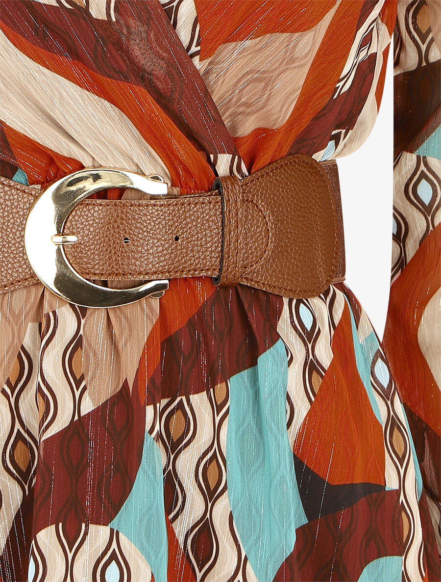Robe élastiquée à imprimé graphique - Camel - 3