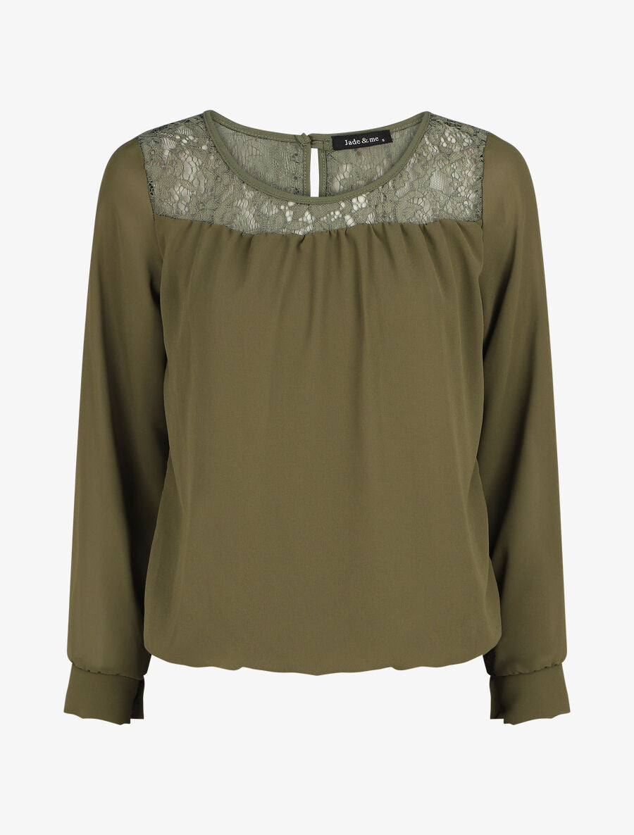 Top uni en voile et dentelle - Kaki - 7