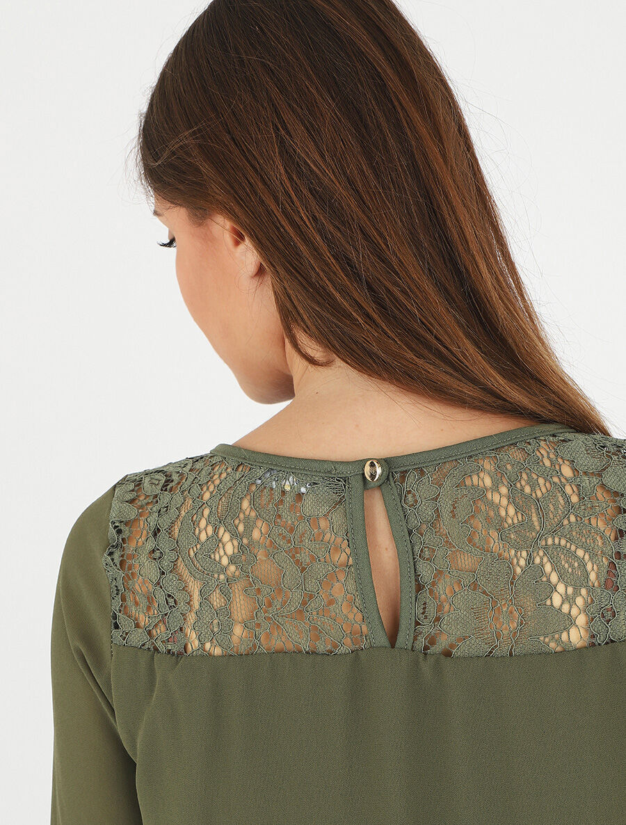 Top uni en voile et dentelle - Kaki - 6