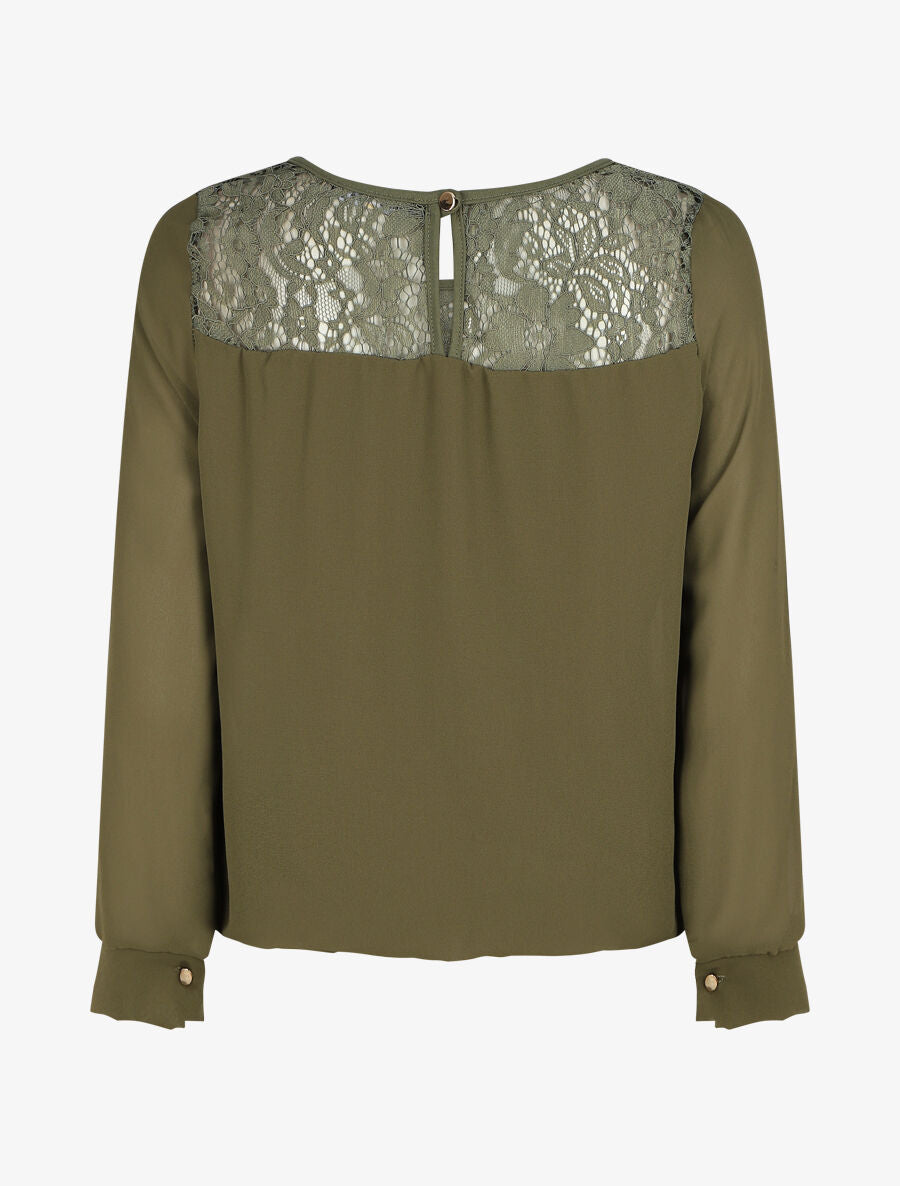 Top uni en voile et dentelle - Kaki - 2