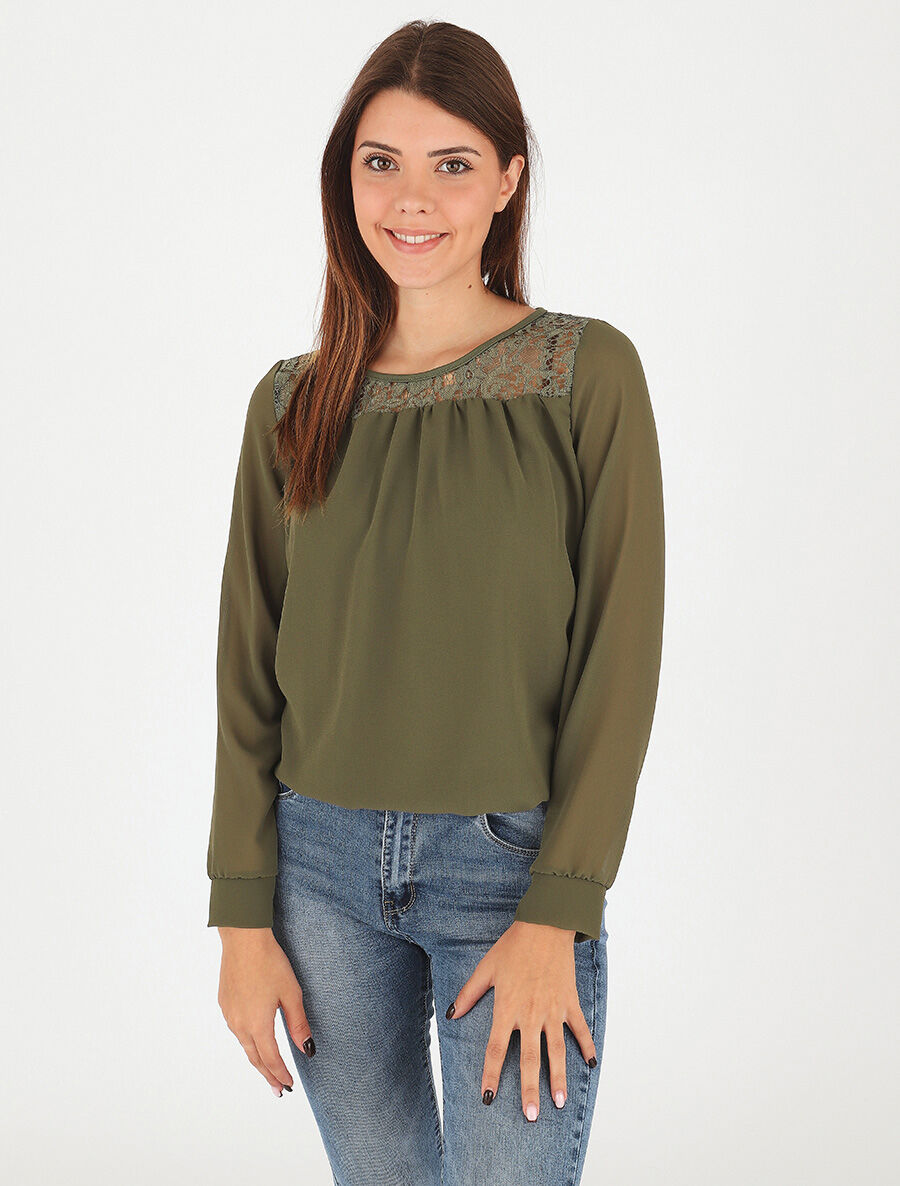 Top uni en voile et dentelle - Kaki - 4