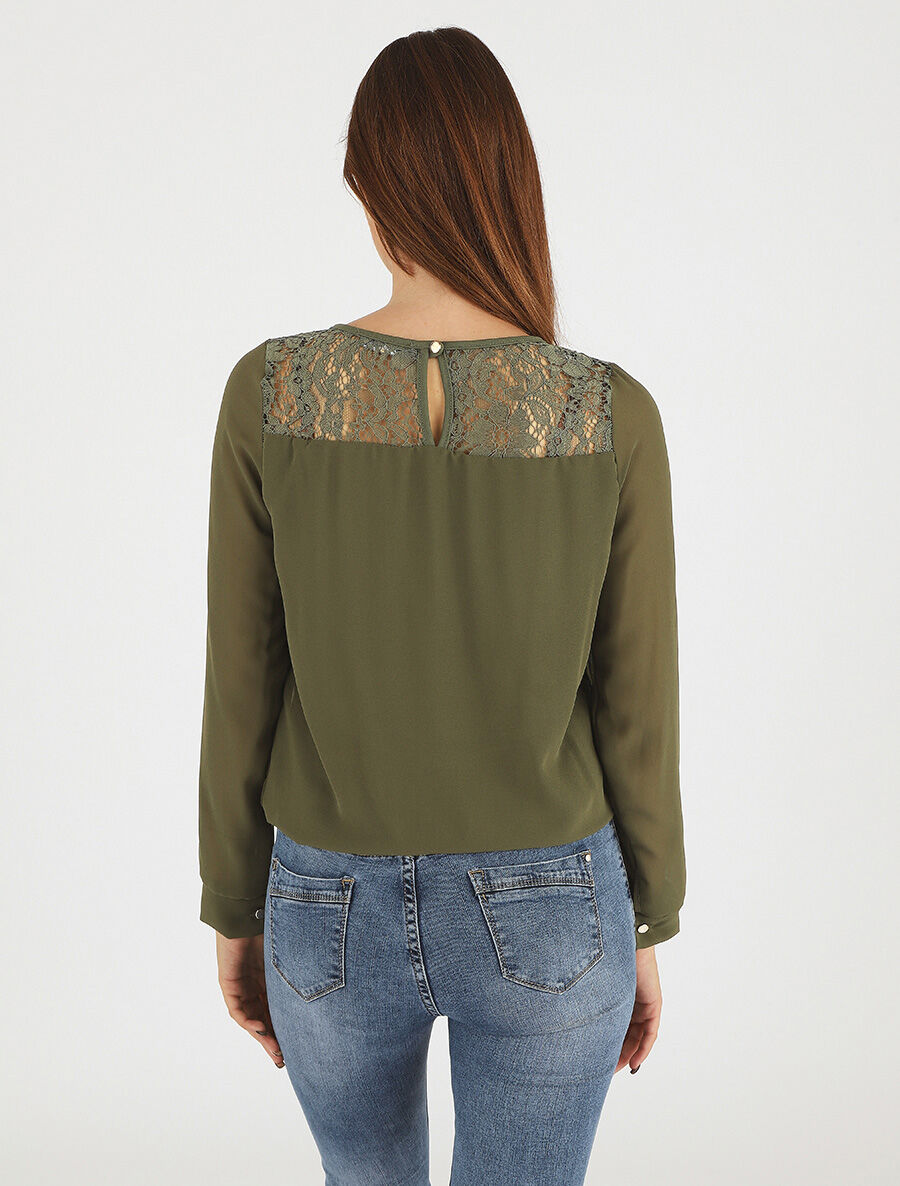 Top uni en voile et dentelle - Kaki - 5