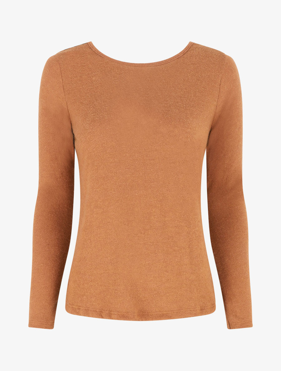 Pull droit dos en V dentelle - Camel - 1
