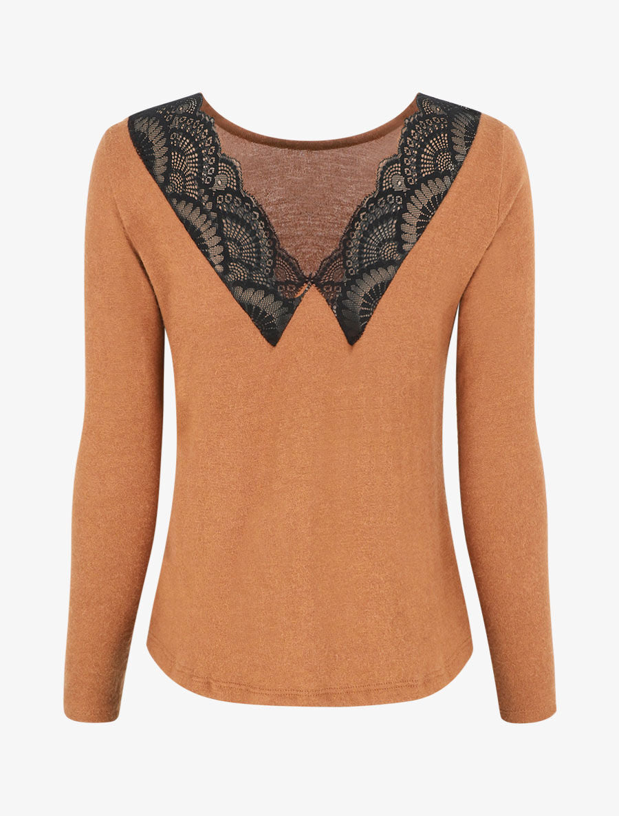 Pull droit dos en V dentelle - Camel - 2