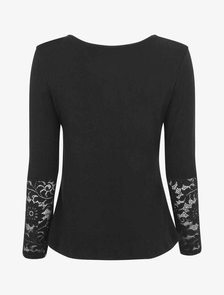 Pull droit uni col et manches en dentelle - Noir - 2