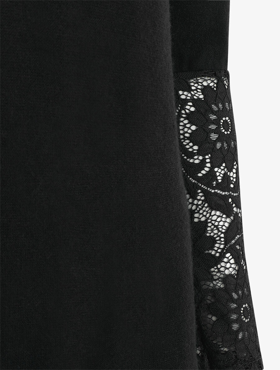 Pull droit uni col et manches en dentelle - Noir - 3