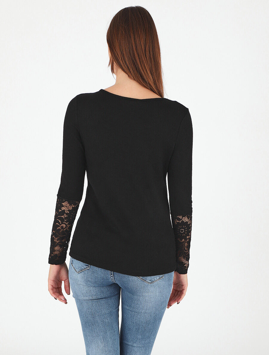 Pull droit uni col et manches en dentelle - Noir - 5