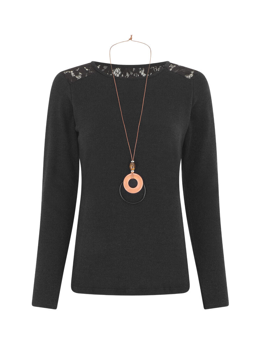 Pull droit uni épaules en dentelle - Noir - 1