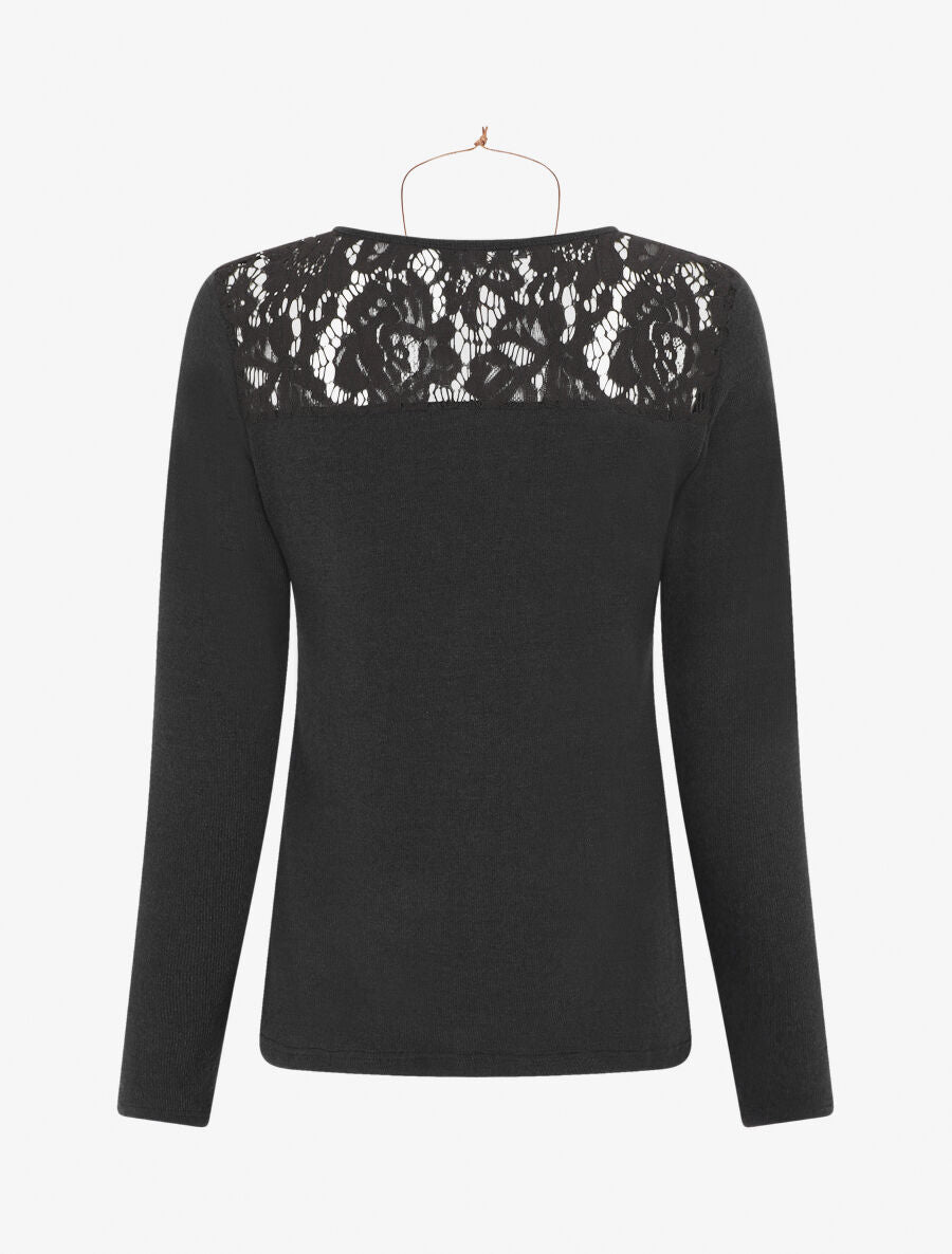 Pull droit uni épaules en dentelle - Noir - 2