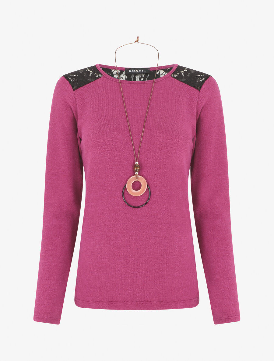 Pull droit uni épaules en dentelle - Violine - 1