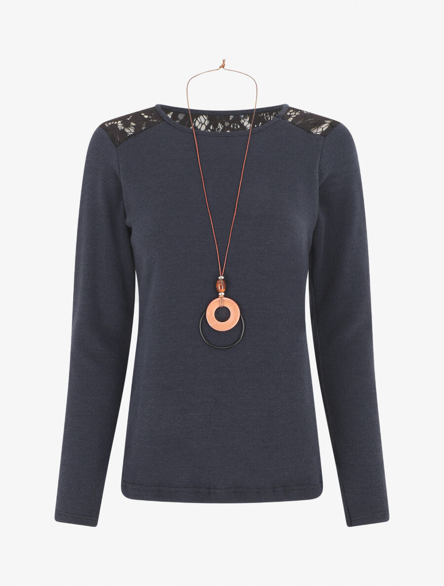 Pull droit uni épaules en dentelle - Marine - 4