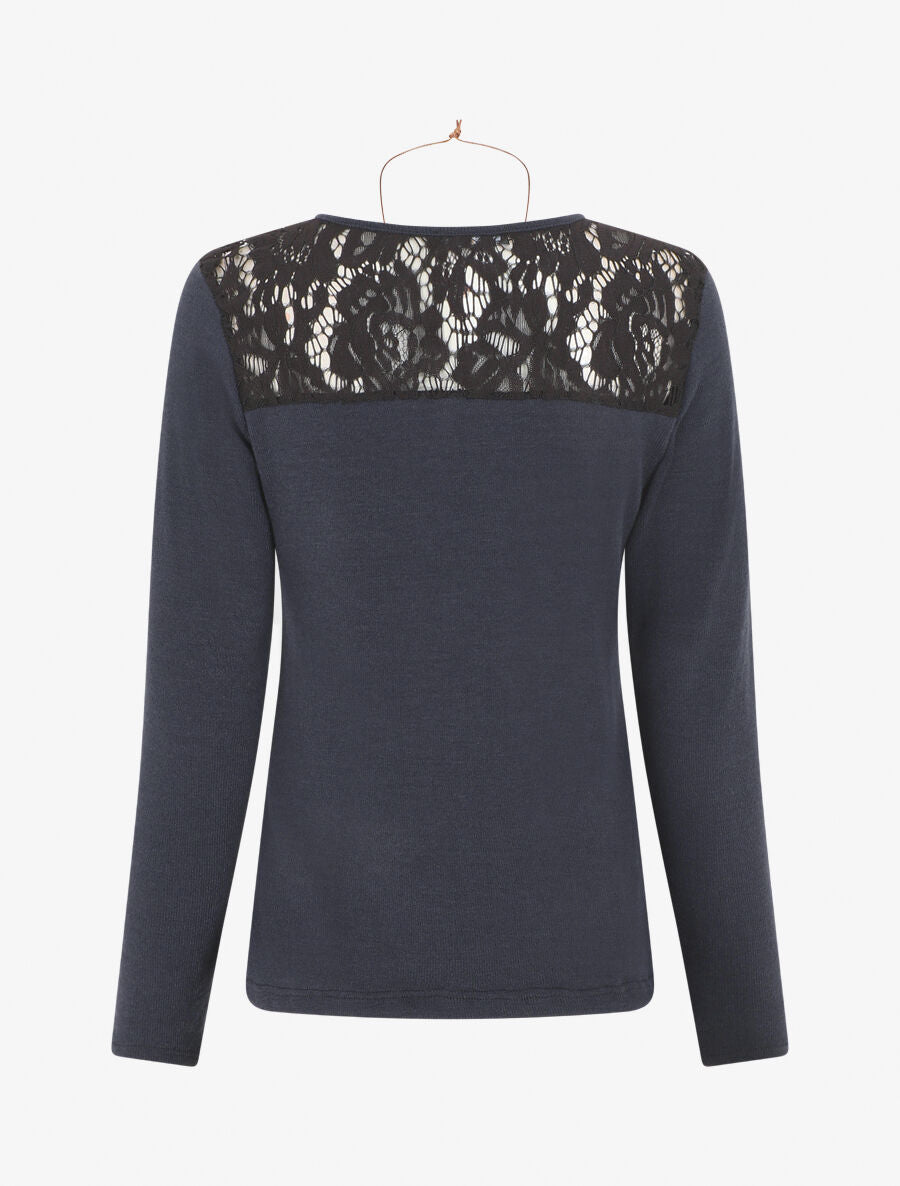 Pull droit uni épaules en dentelle - Marine - 2