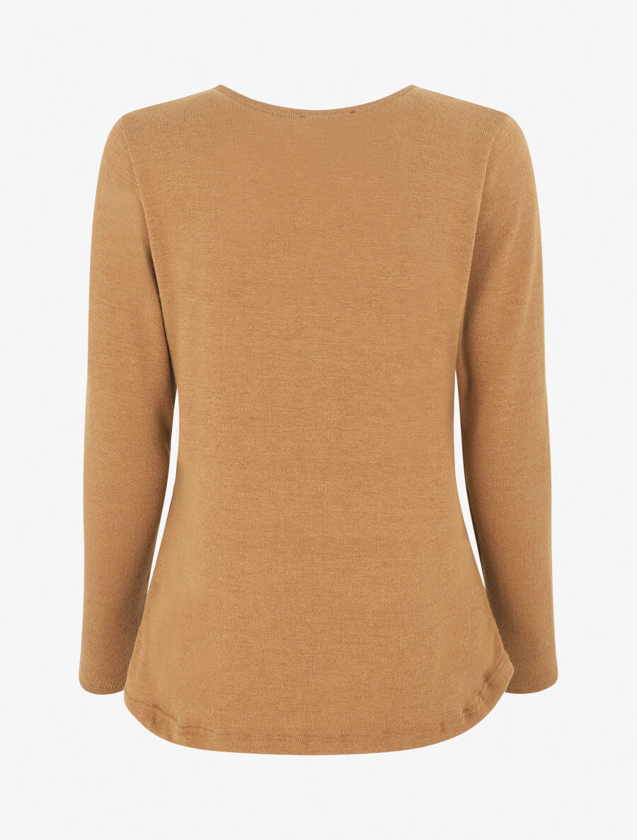 Pull droit uni col V contrastant - Camel - 2