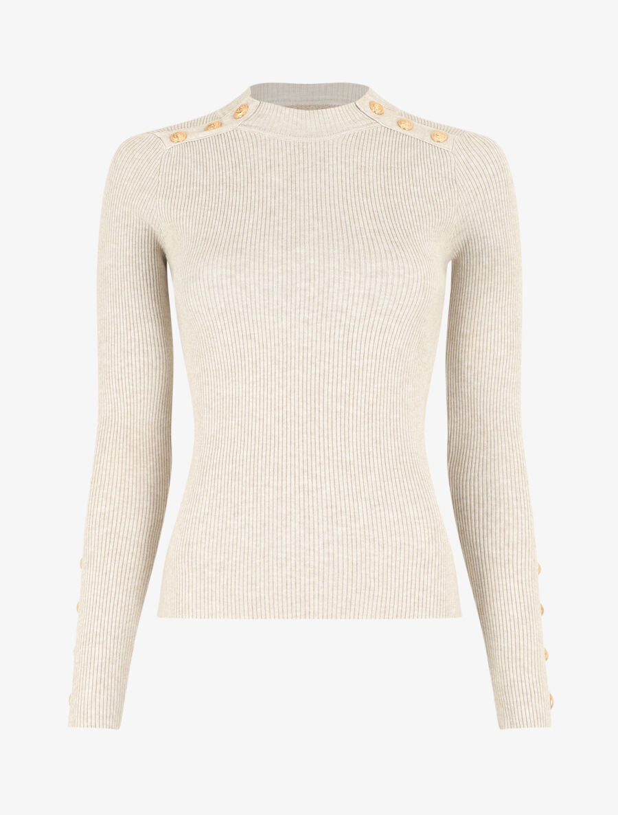 Pull fin côtelé et boutons décoratifs - Beige - 1