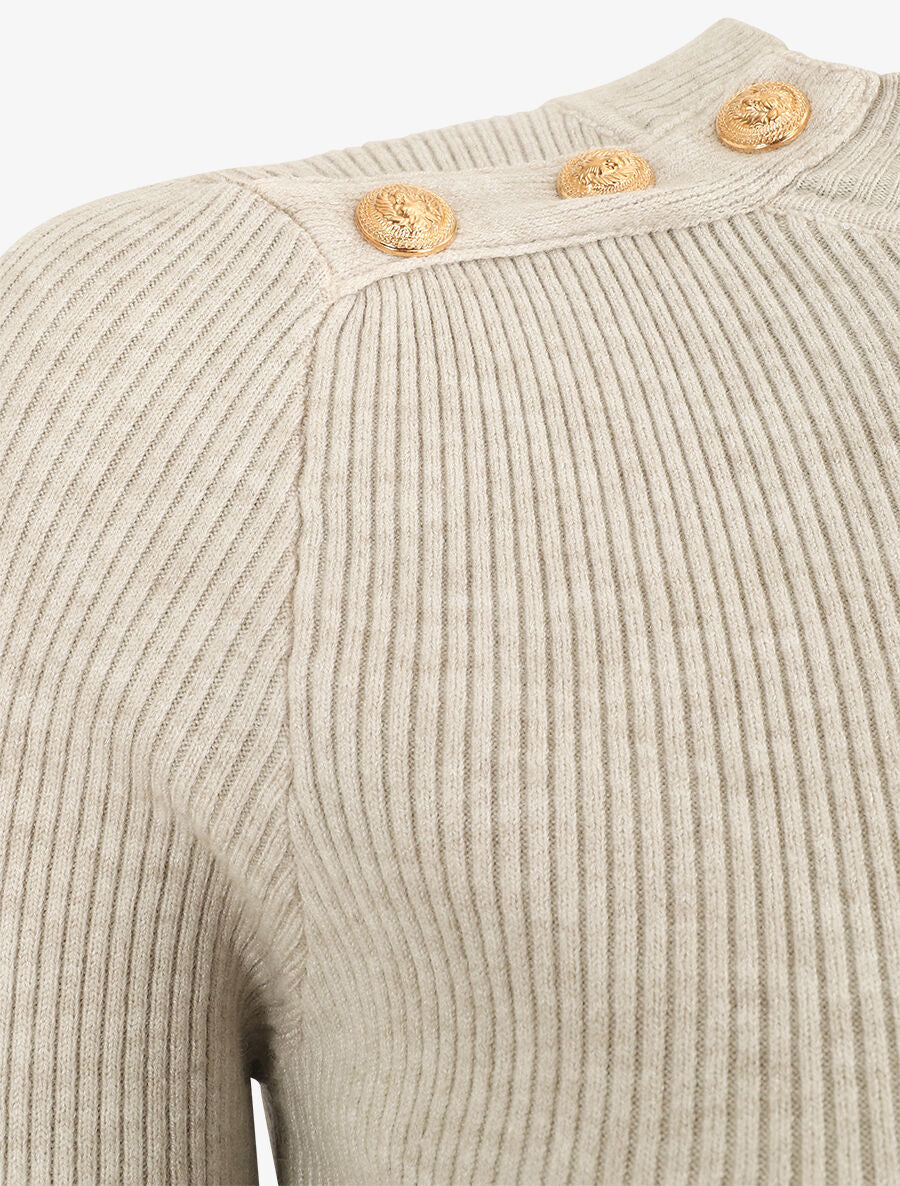 Pull fin côtelé et boutons décoratifs - Beige - 3