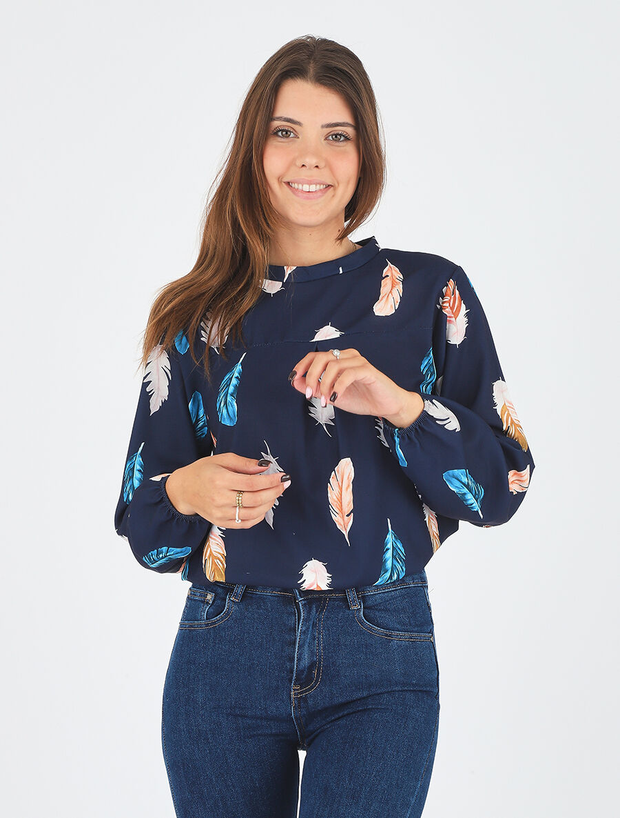 Blouse à imprimé plume - Marine - 4