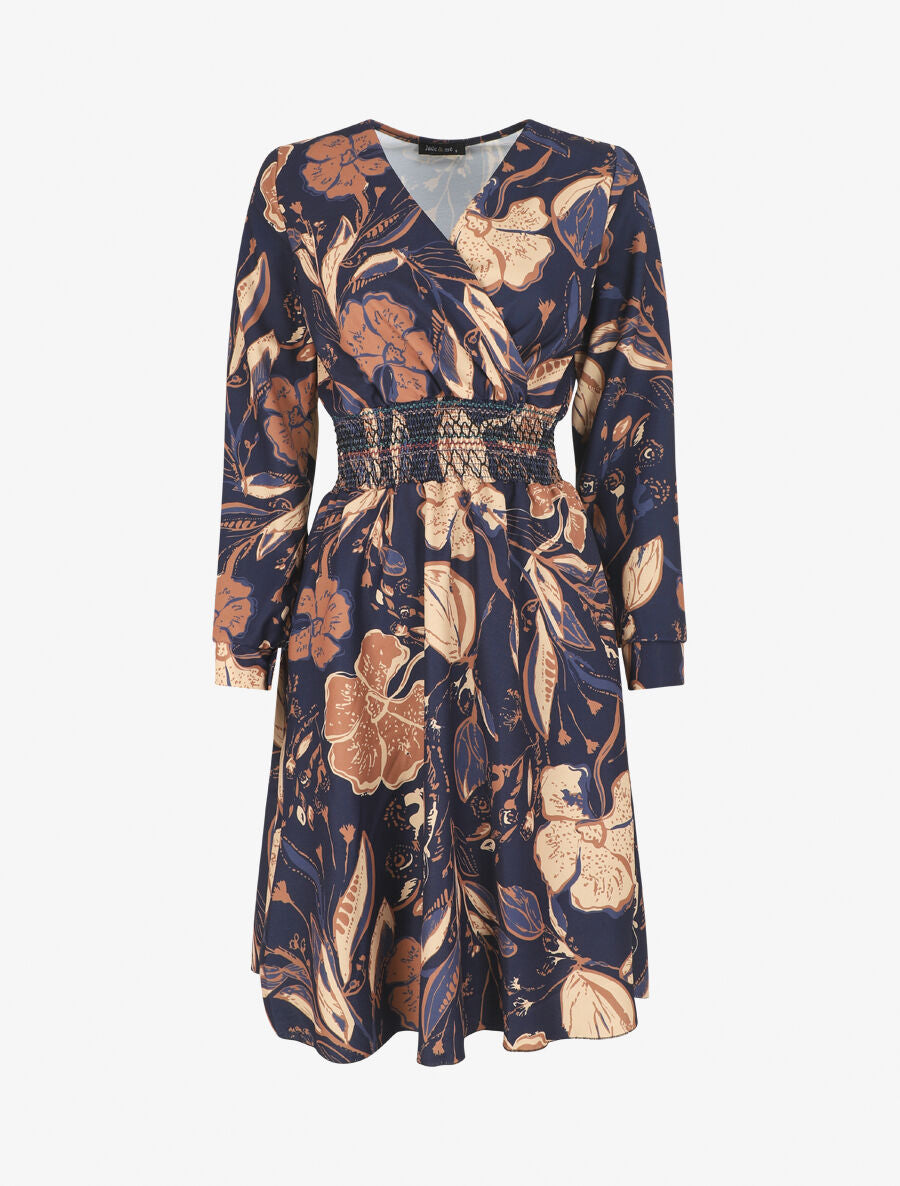 Robe imprimé fleuri à taille élastiquée - Marine - 4
