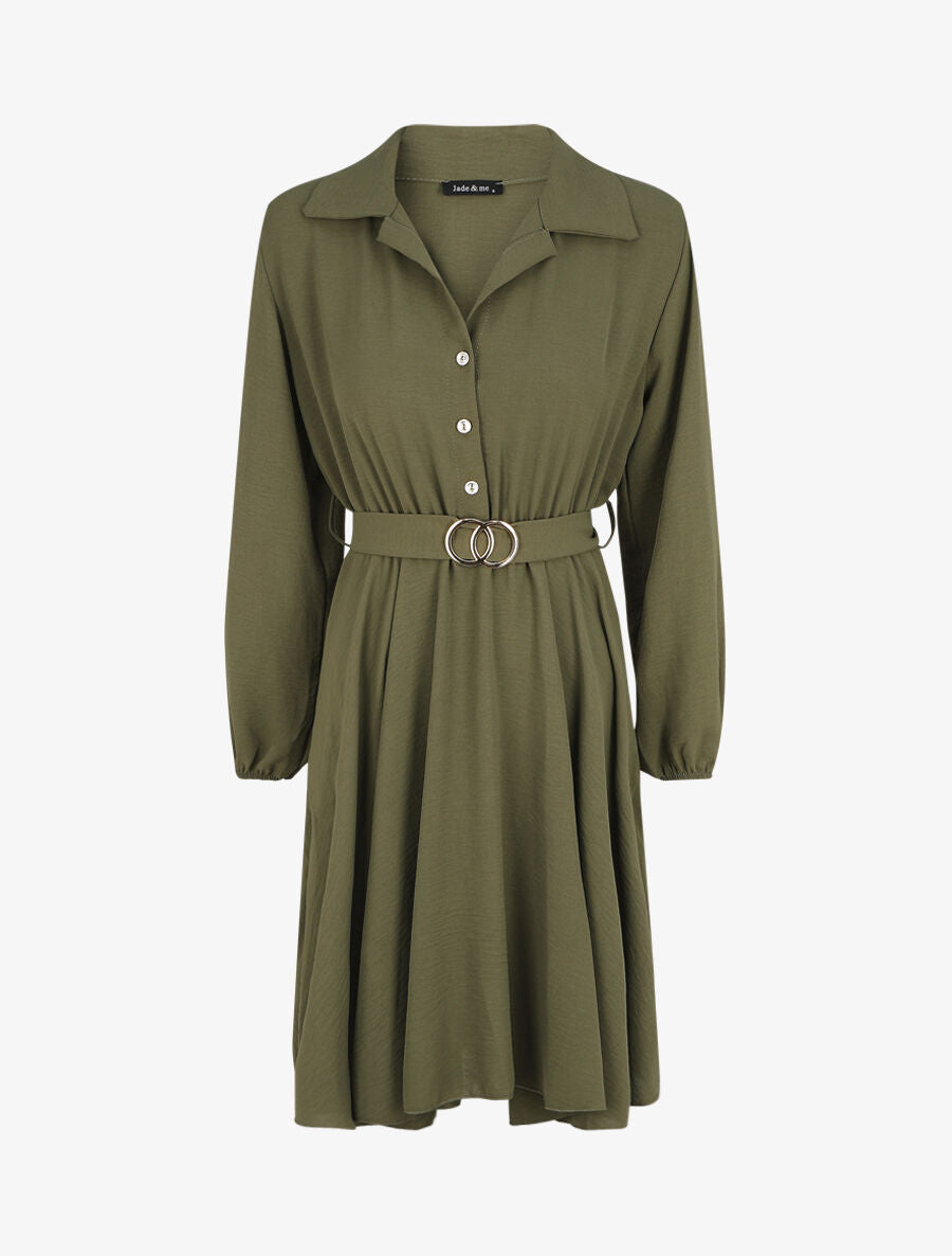 Robe chemise évasée unie - Kaki - 1