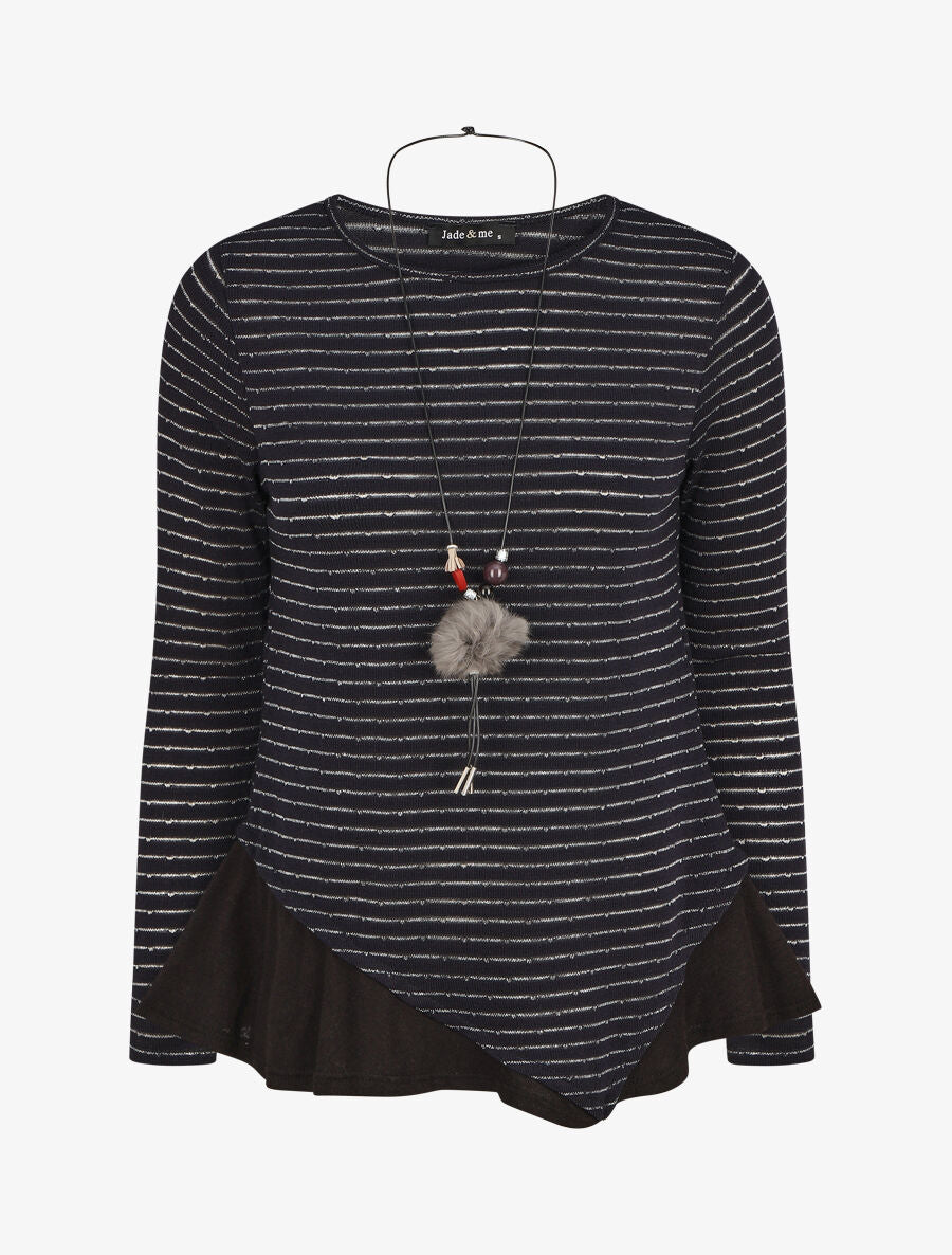Pull droit rayé bords à volants - Marine - 1