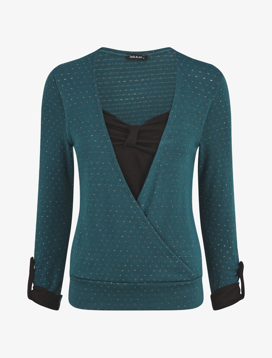 Pull cache-coeur moucheté à noeud - Bleu canard - 1