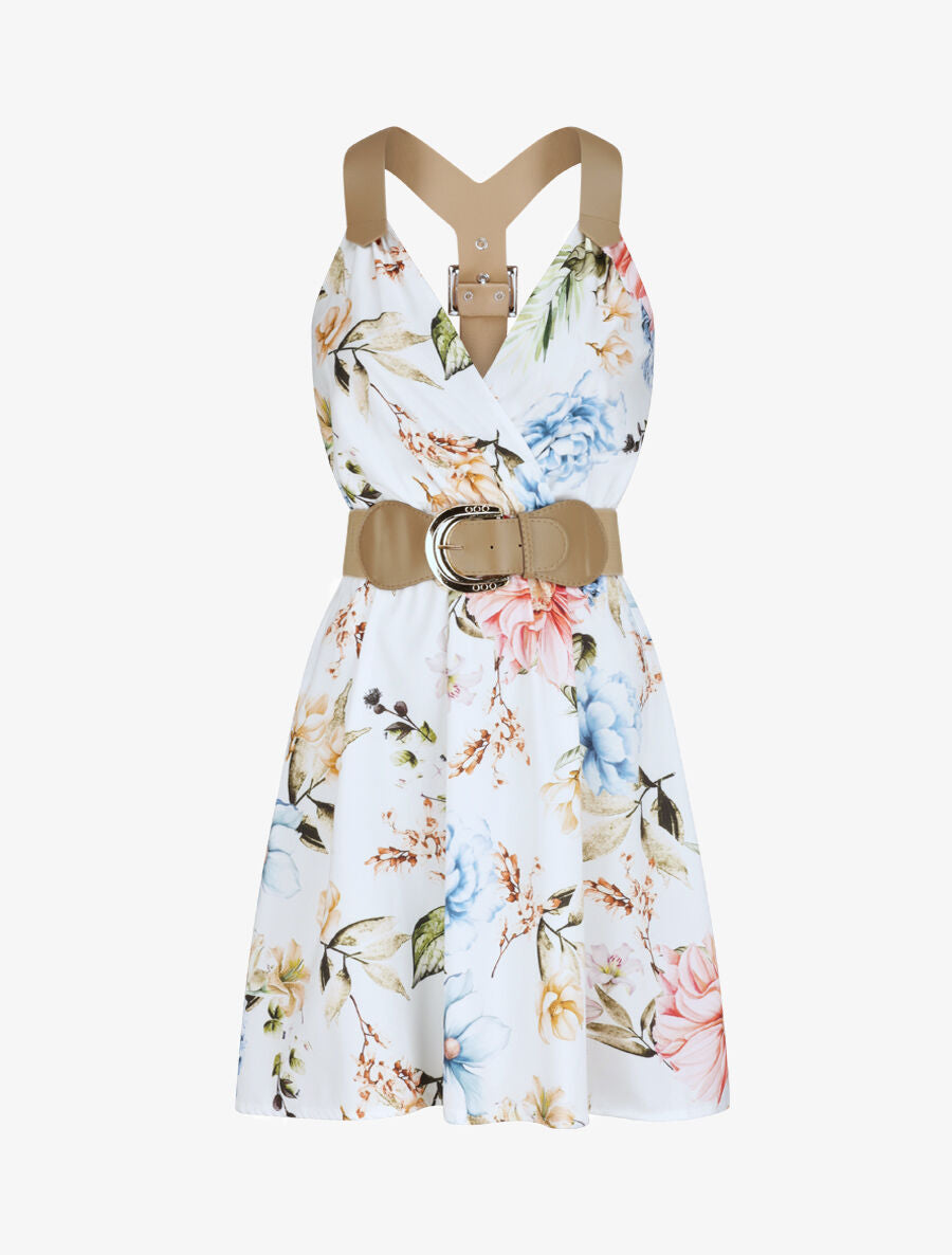 Robe patineuse courte imprimé fleuri à bretelles stylisées - Blanc - 1
