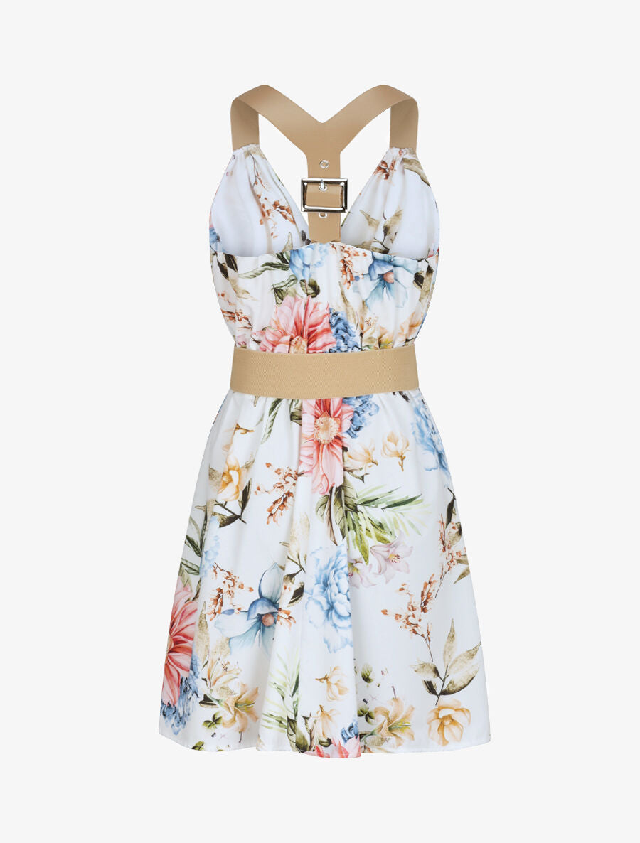 Robe patineuse courte imprimé fleuri à bretelles stylisées - Blanc - 2