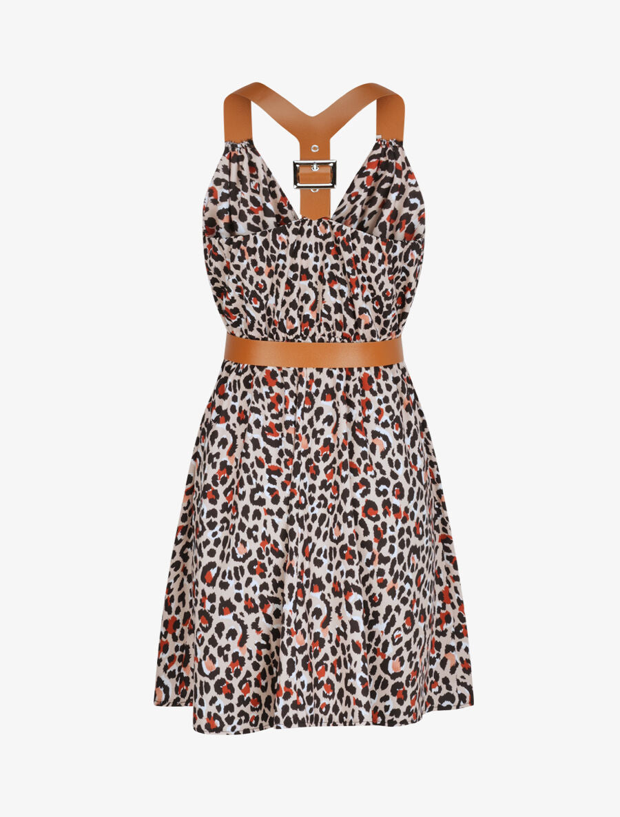 Robe patineuse courte imprimé léopard à bretelles stylisées - Beige - 3
