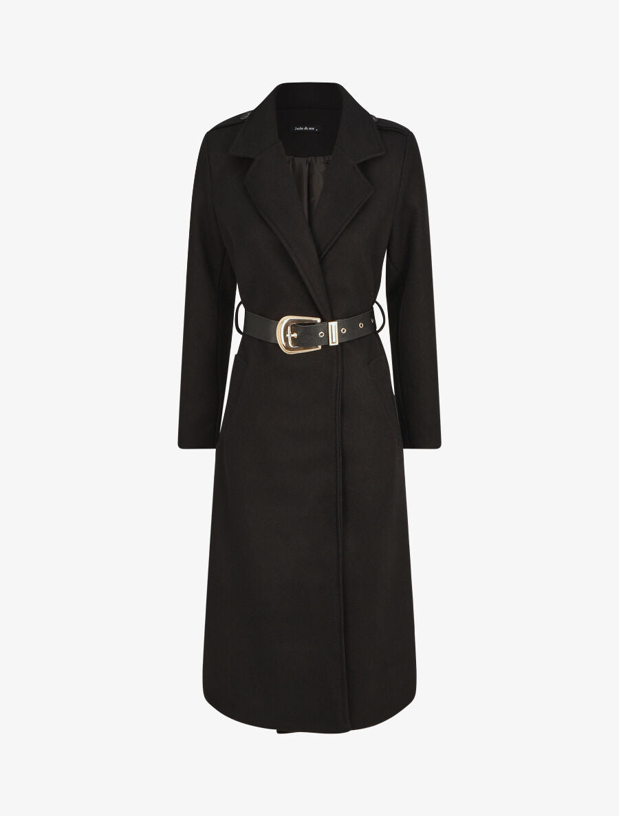 Manteau long droit à ceinture - Noir - 1