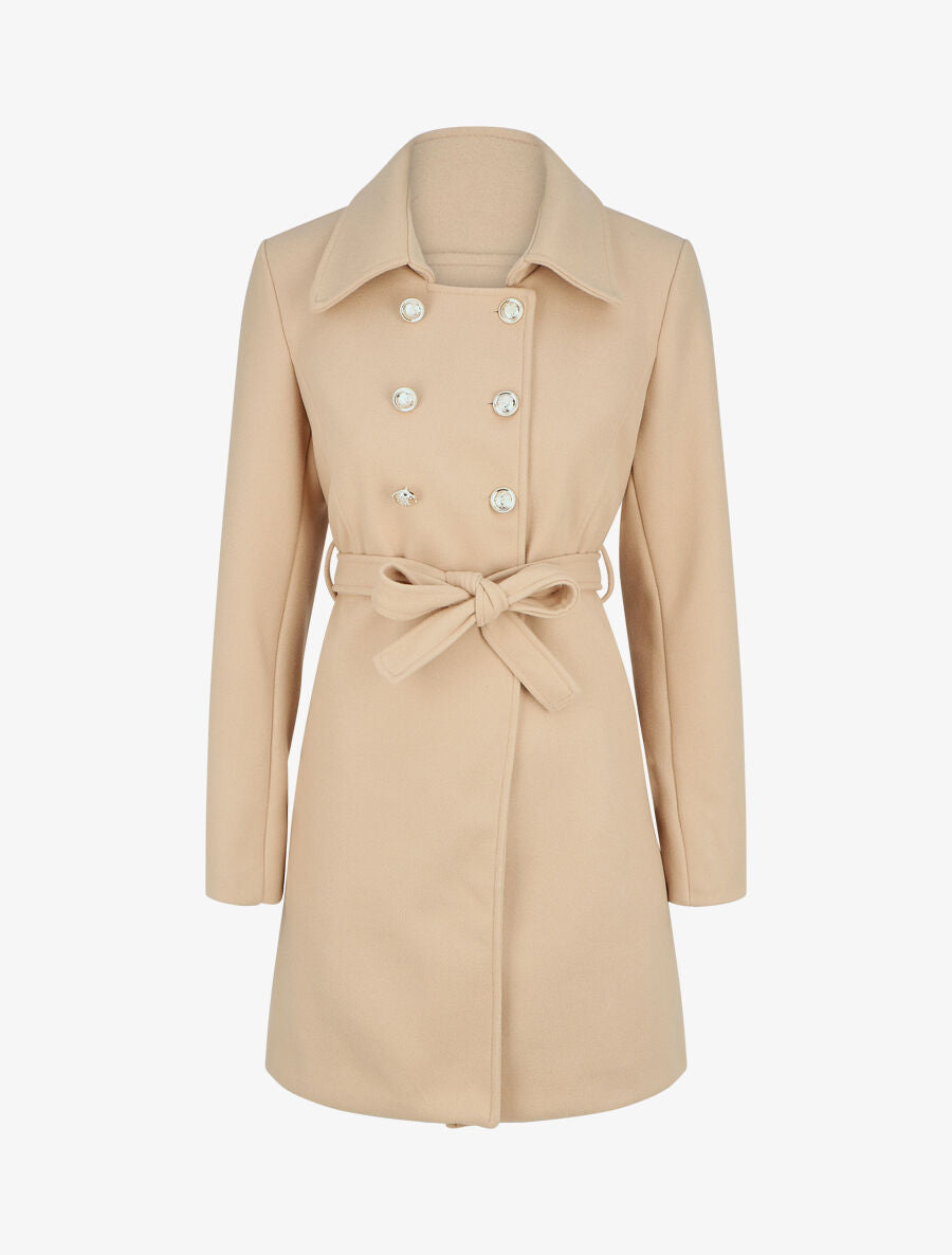 Manteau uni à boutons décoratifs - Beige - 4