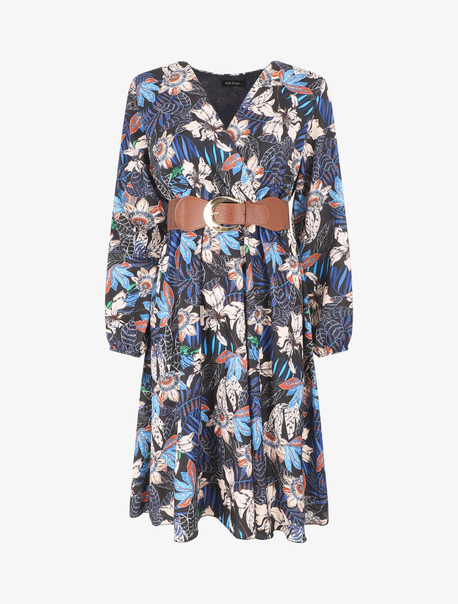 Robe évasée imprimé tropical - Marine - 1
