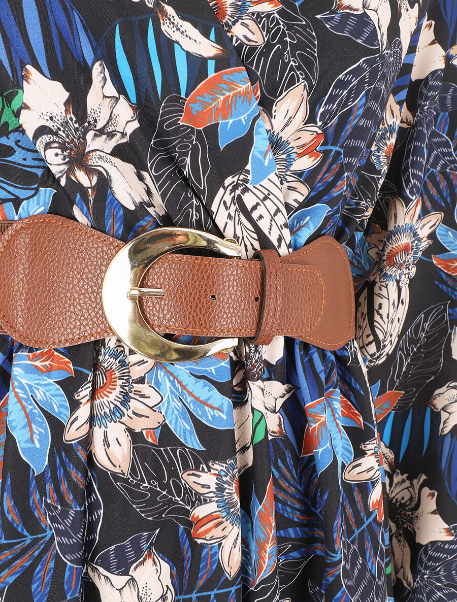 Robe évasée imprimé tropical - Marine - 3