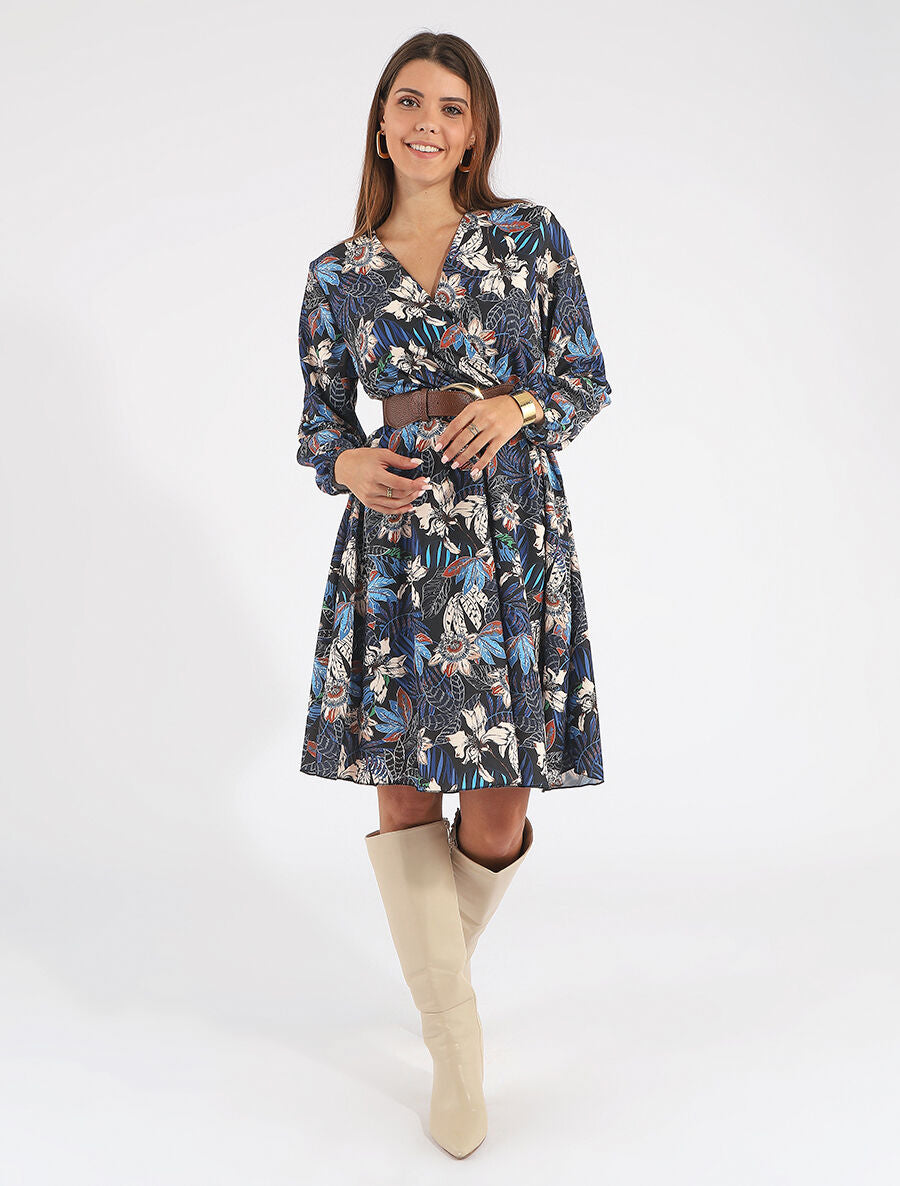 Robe évasée imprimé tropical - Marine - 4