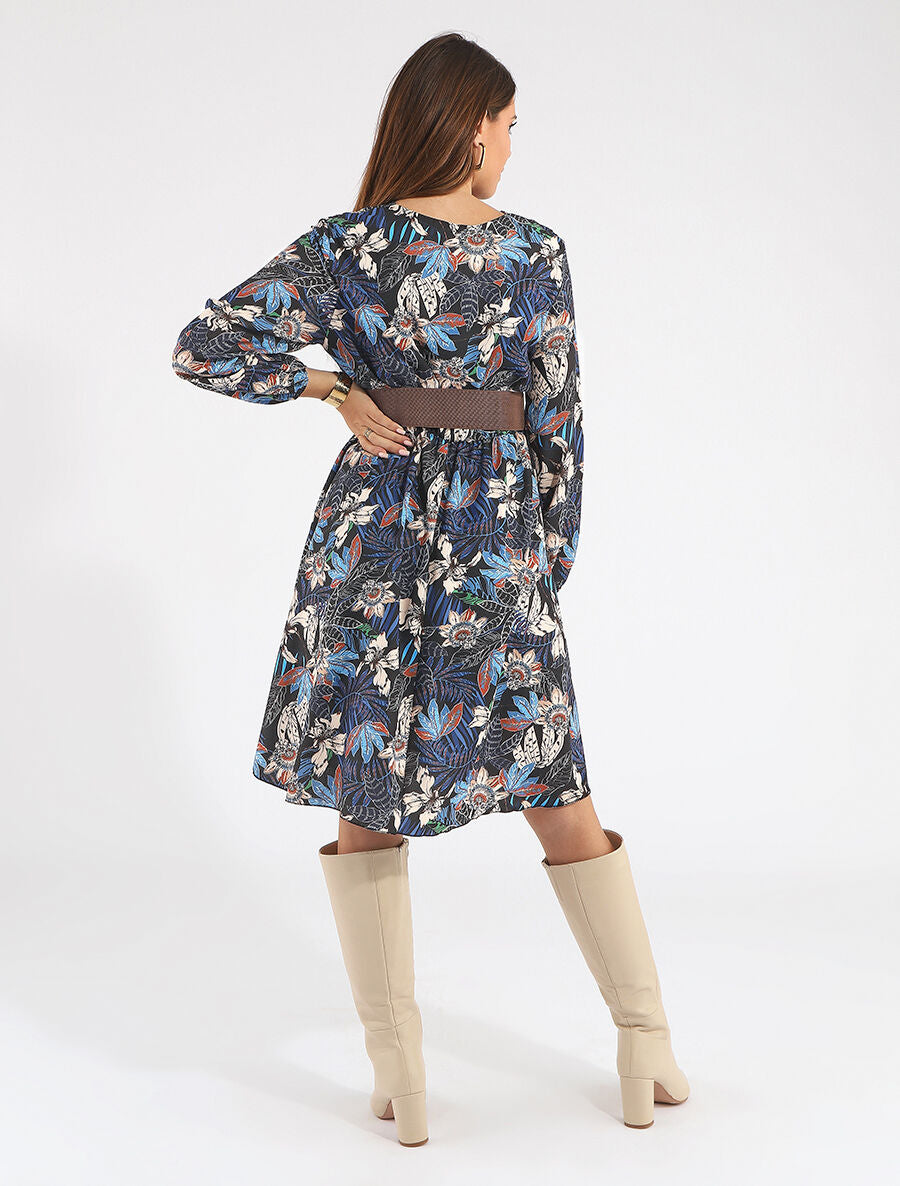 Robe évasée imprimé tropical - Marine - 5