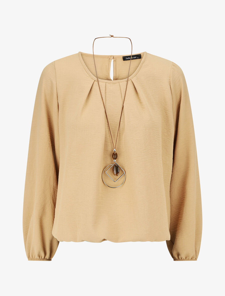 Top élastiqué uni manches longues - Beige - 4