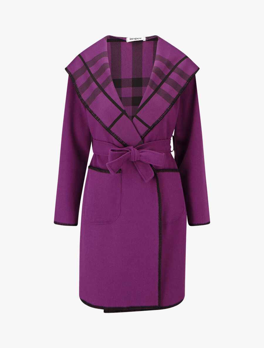 Manteau long à capuche et col à carreaux - Violet - 1
